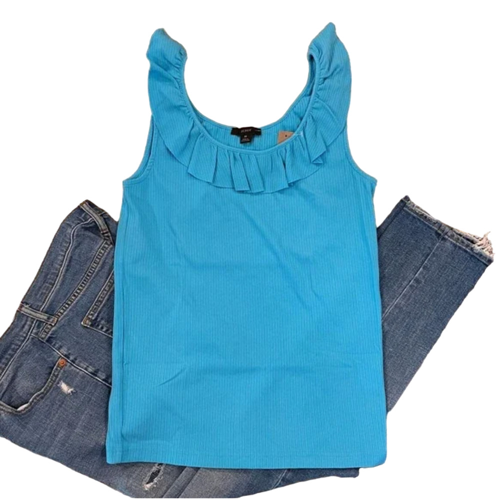 NWT J Crew Turquoise Ruffle-Neck Ribbed Tank Top